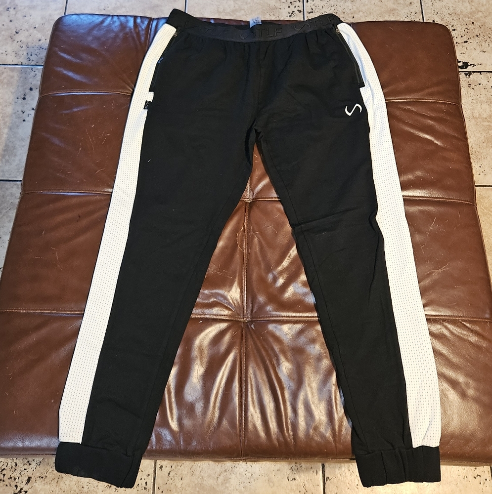 TLF Mens Black Joggers with White Stripes Zipper Pockets